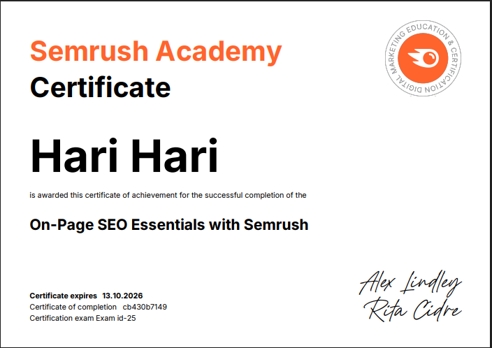 My Certified Freelance Achievements freelance digital marketing services in Thrissur